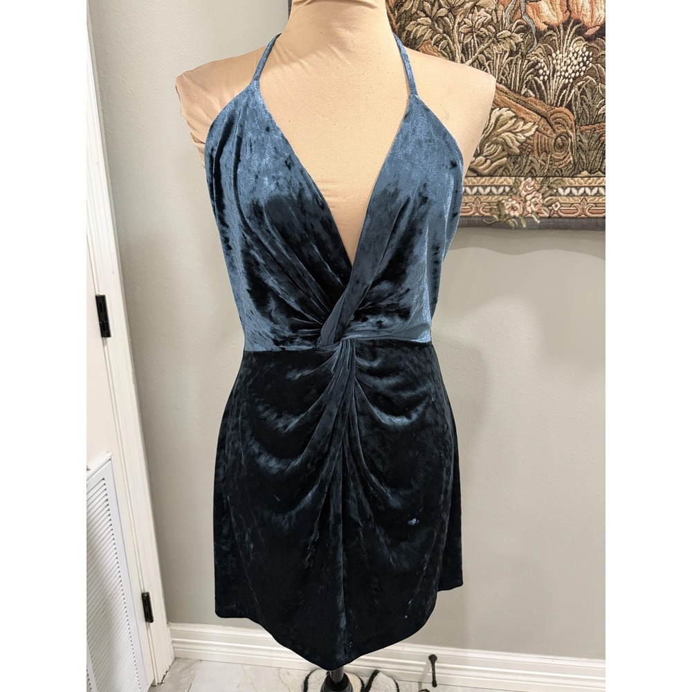 Zara Dress Womens Small Blue Velvet Halter Ruched Bodycon Mini Party Cocktail